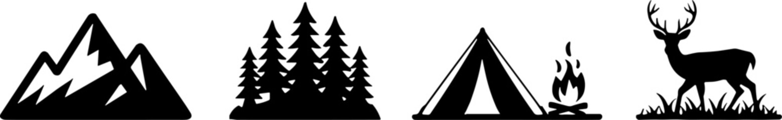 Obraz premium Mountain Forest Camping Tent Campfire Deer Natures Set