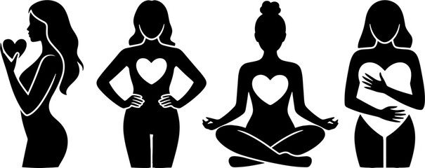 Silhouette Women Holding Heart Symbols Love Wellness Concept