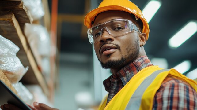 Worker in safety gear inspects materials in a warehouse during daylight hours