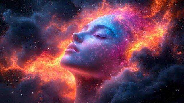 Woman with fire, cosmic, nebula, and fantasy art.