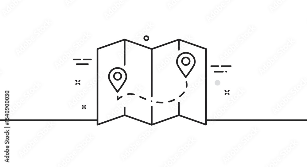 Poster folded map with location pins and dotted line route in a minimalist black and white line drawing sty