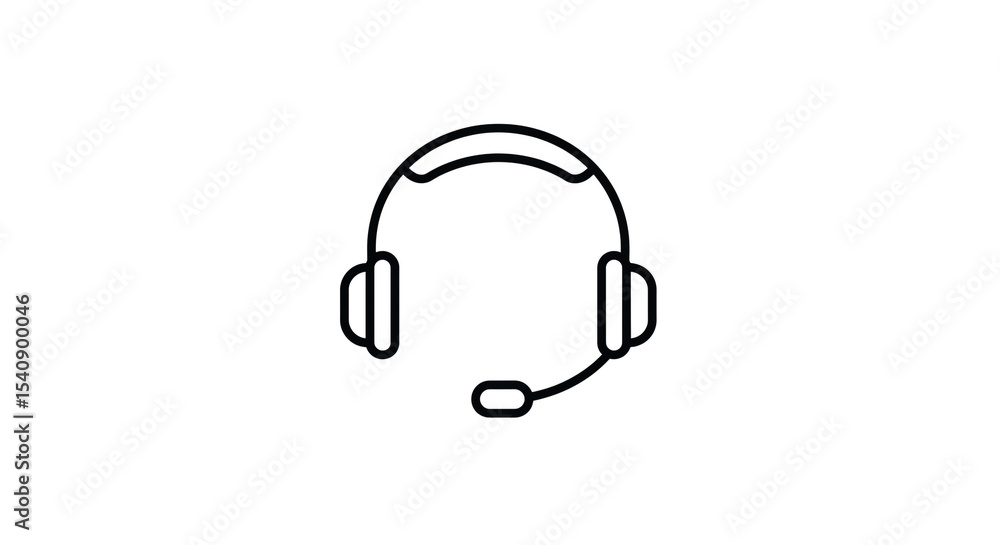 Poster a simple line drawing of a black headset with a microphone on a plain white background space