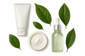 Cosmetic products and green leaves on transparent background promoting natural skincare