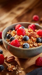Healthy Breakfast Bowl With Yogurt, Granola, Nuts, and Fresh Berries in a Cozy Kitchen Setting.