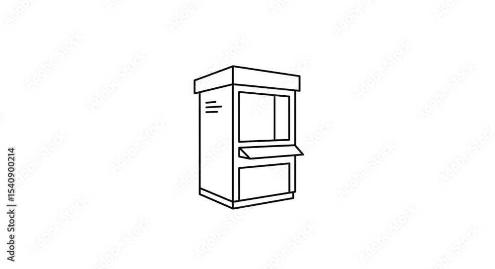 Poster a minimalist line drawing of a small kiosk or booth with a window and a serving counter on a white b