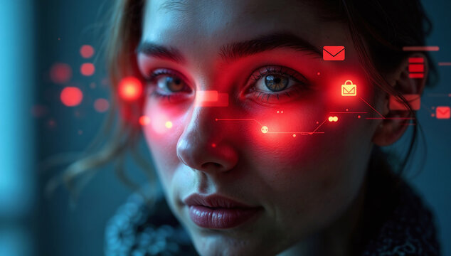 Futuristic portrait of a woman with glowing red data and icons projected onto her eyes, data privacy and surveillance concept with glowing icons