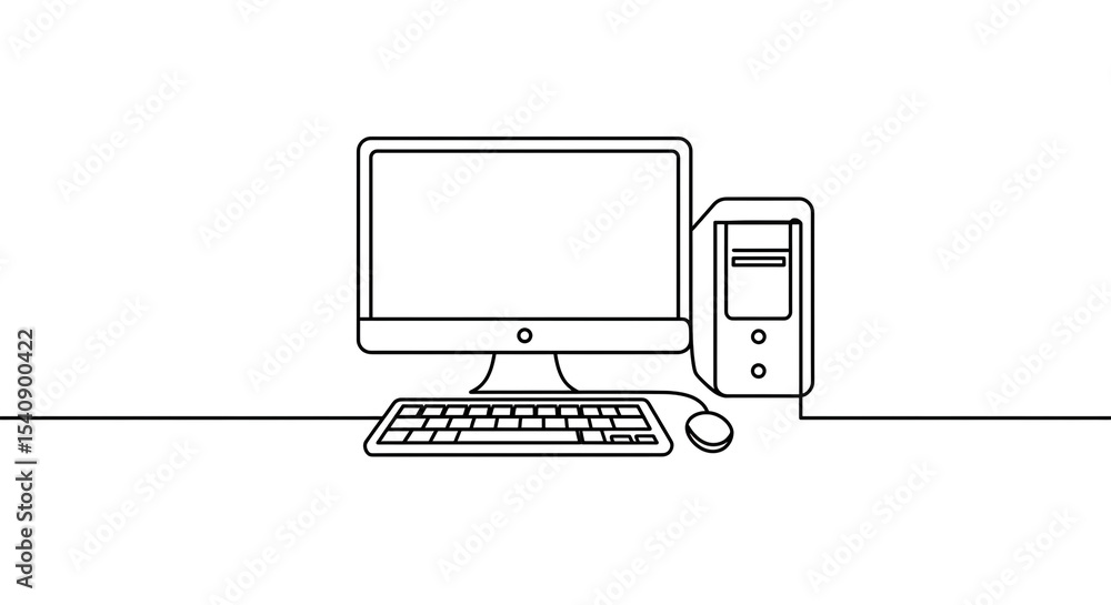 Poster a minimalist line drawing of a desktop computer with monitor keyboard mouse and tower case on a surf