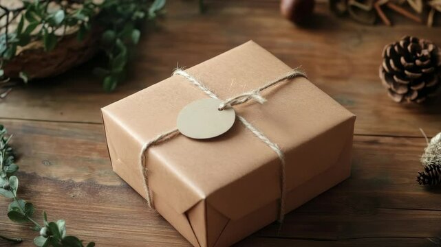 Brown paper gift box with twine and blank round tag, rustic natural style, wooden background, concept of eco-friendly packaging and gifting