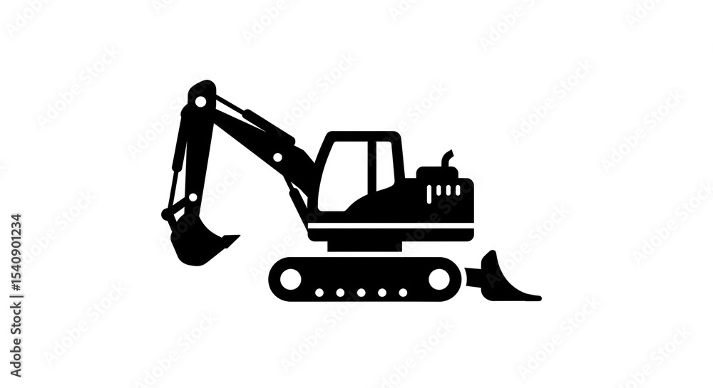 Poster a black excavator with a bucket and treads on a white background in a simple vector graphic style