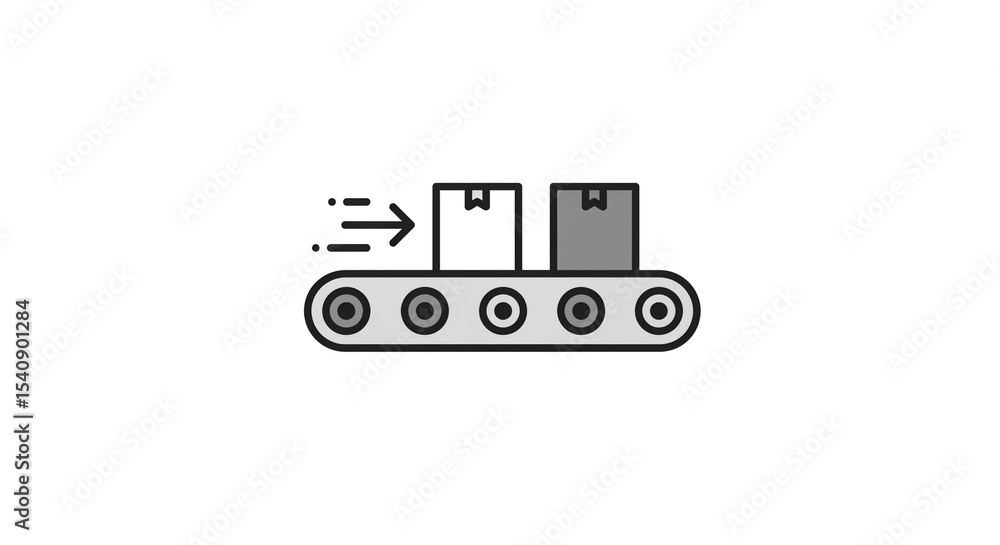 Poster illustration of a conveyor belt with two boxes moving to the right with an arrow showing motion