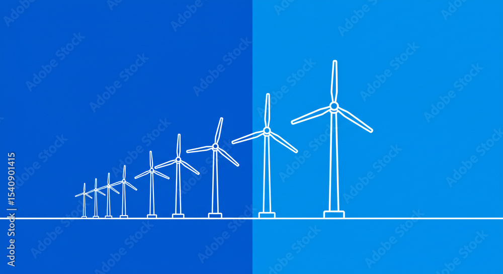 Poster wind turbines in a line on a blue background showing renewable energy and sustainable development go