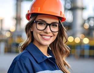Smiling Female Engineer in Hard Hat and Safety Vest at Industrial Site (3D Render)
