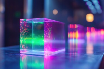 A glowing translucent cube radiates vibrant neon colors on a reflective surface with blurred lights in the background, creating a futuristic atmosphere.