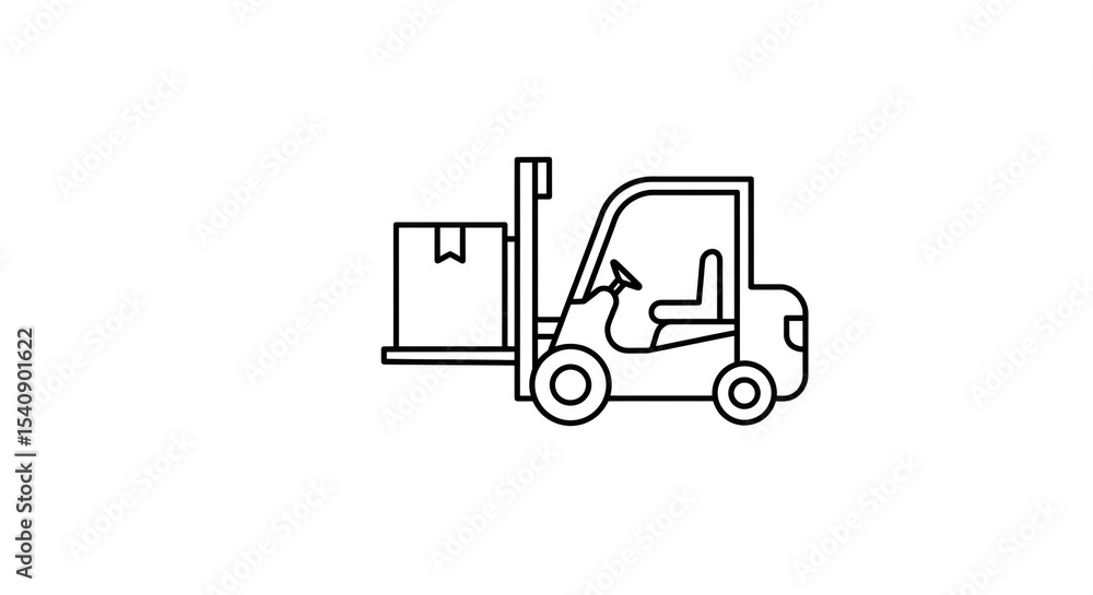 Poster line drawing of a forklift carrying a box on a white background in a simple and clean style