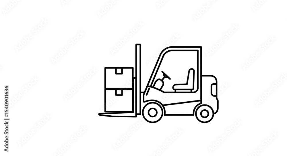 Poster a simple line drawing of a forklift carrying two boxes on a white background in vector format