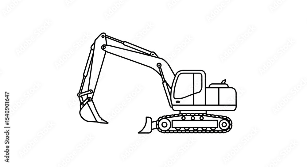 Poster a line drawing of a construction excavator with a bucket on a white background in a vector style
