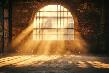 Sunlight streams through arched window in old brick warehouse, illuminating dust motes and creating a warm, ethereal atmosphere.