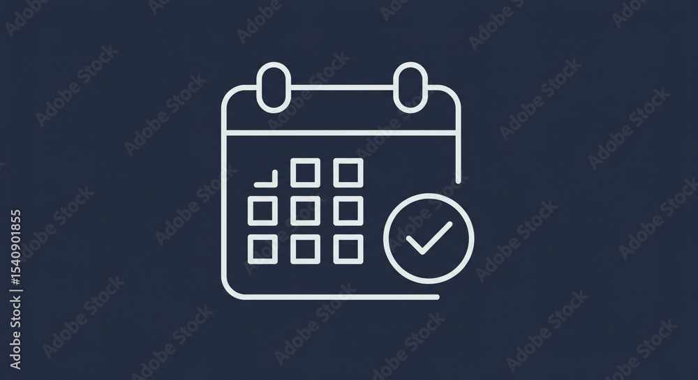 Poster white calendar icon with check mark on a dark blue background showing a completed schedule task