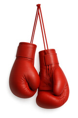 Pair of red boxing gloves hanging on transparent background