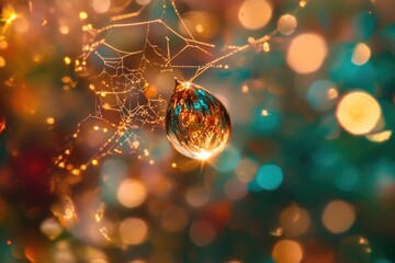 A shimmering water droplet hangs suspended in a delicate spiderweb, reflecting the colorful bokeh lights of the background.