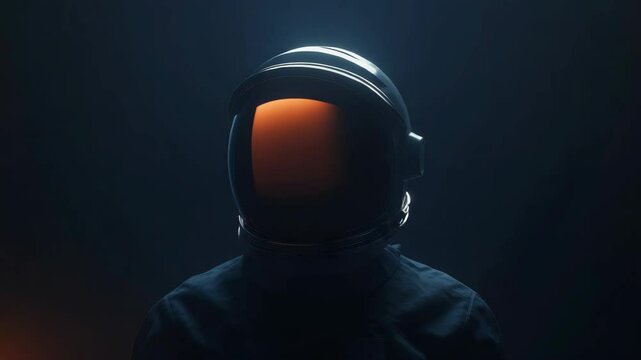 Astronaut in full helmet suit facing front, cinematic style, dark background, concept of space exploration mystery and solitude