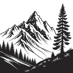 Black and white vector illustration of mountain and tree. vector drawing