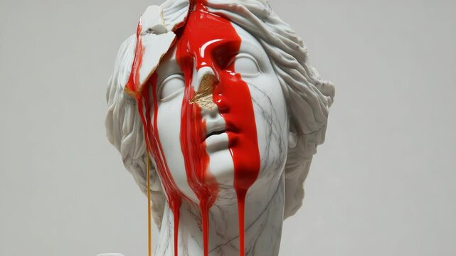 Cracked marble statue head with red paint dripping over the face, realistic style, placed on a plain gray background, concept of destruction