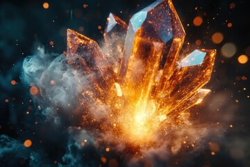 Obraz premium A cluster of warm-toned crystals radiates light and energy amidst smoky tendrils and scattered bokeh, creating a mystic atmosphere.