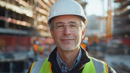 Construction worker smiles at camera on busy construction site during daylight hours