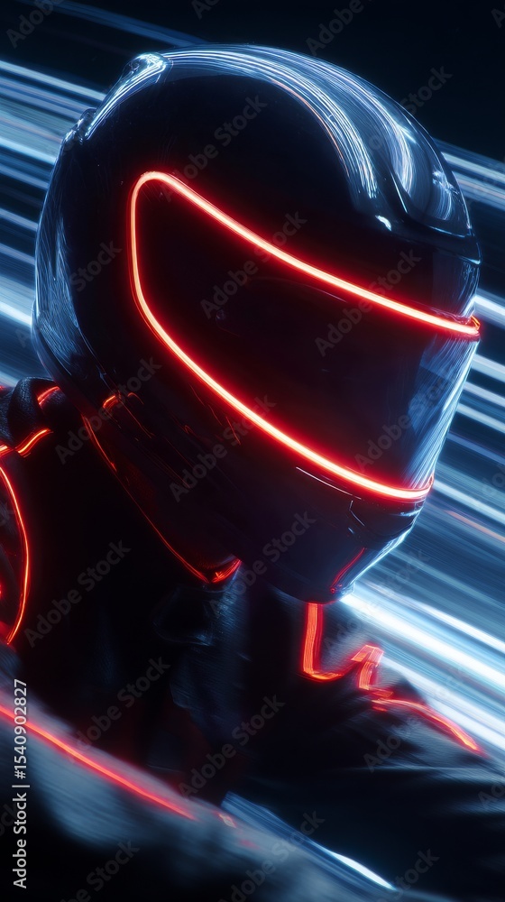 Poster bright neon helmet design with dynamic light trails in futuristic setting