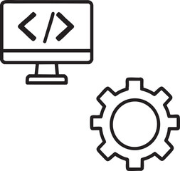 Web Development Icon Set Line Art Style Computer Monitor and Gear for Coding Projects