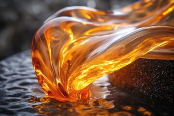 A mesmerizing shot of translucent amber liquid flowing, showcasing light refraction and unique textures, resting on textured surfaces.