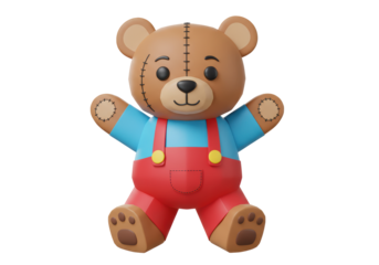 Isolated Cute Teddy Bear with Overalls Sitting Down
