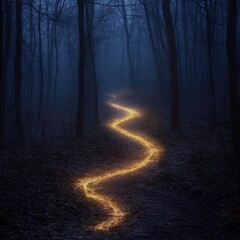 Fototapeta premium A glowing path winding through a misty forest