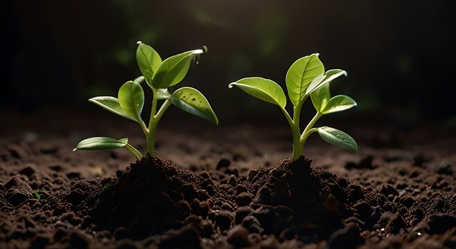 Fototapeta Delicate young plant sprouting from soil with sunlight for nature growth and renewal themes