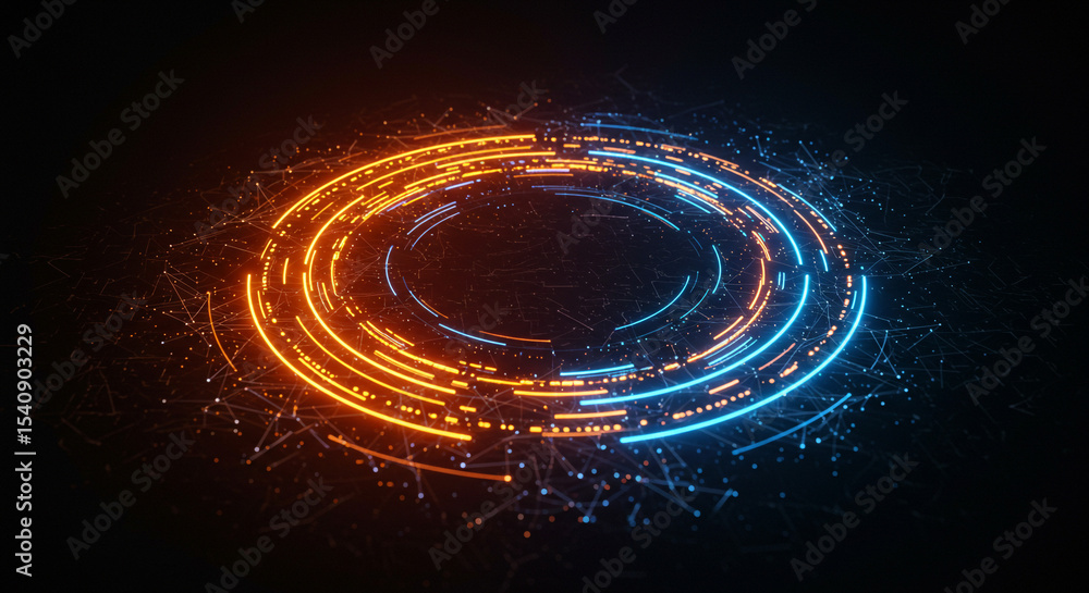 Aufkleber abstract glowing circles in orange and blue with connecting dots on a dark background render