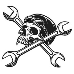 A creative illustration of a skull wearing a helmet with crossed wrenches behind