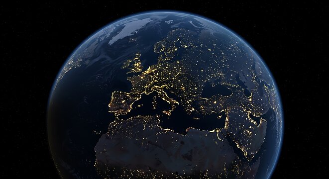 Earth at night europe africa middle east city lights space view from orbit planet globe world map
