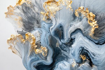 Fototapeta premium Abstract art with blue, gray, and white fluid acrylics accented with textures of gold and shimmering swirls.