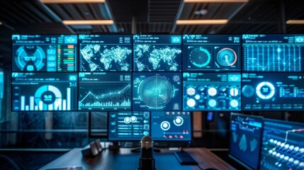 Fototapeta premium A bright and modern smart home interior with multiple smart screens and an AI speaker assistant