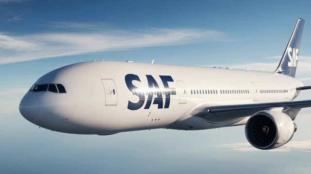 Passenger airplane flying with SAF, sustainable aviation fuel, reducing carbon footprint