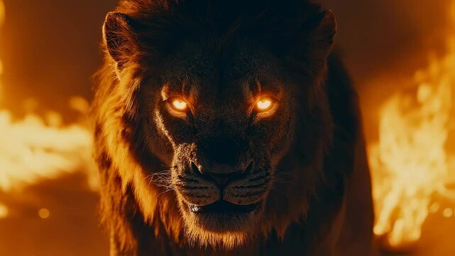 Watch a powerful lion standing boldly with glowing eyes against a dramatic fire-lit background, showcasing raw strength and cinematic beauty. The intensity of the moment captivates the viewer