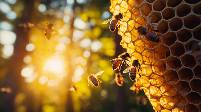 Sunset swarm over glowing hive
