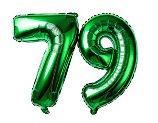 数字の79の形の緑色の風船（Number 79 green foil balloon on white background）

