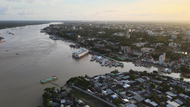 4K Drone View of Barisal River Port Terminal in Bangladesh &ndash; Aerial Footage of Launch Terminal and River Transport Hub