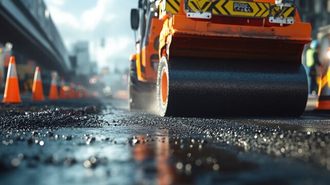 Road construction machinery compacting asphalt in a bustling urban area