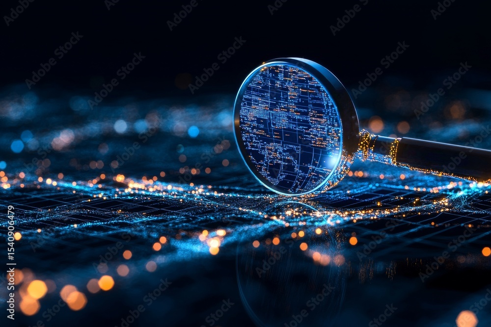 Poster exploration of digital data through a magnifying glass on a network backdrop