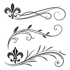 Fototapeta premium Three Black Fleur De Lis and Swirling Floral Design Elements on White Background