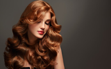 Red hair  girl with long  and   shiny wavy  hair .  Beautiful  model woman with curly hairstyle . Beauty and cosmetology