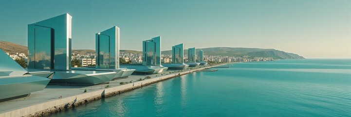 Fototapeta premium A1 Moderne Hohhöiser der Zukunft am Meer